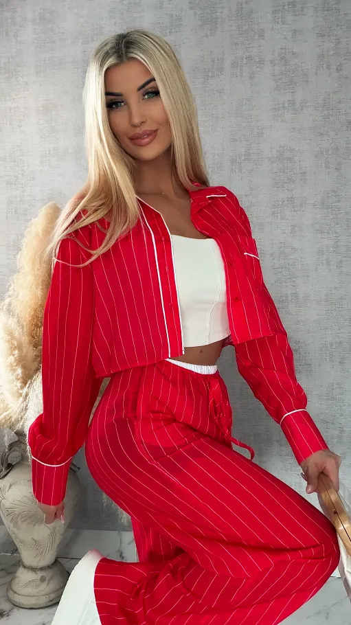 Bawełniany komplet LAZY style w paseczki RED - R421