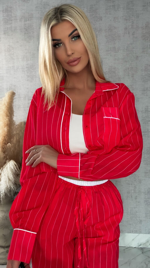Bawełniany komplet LAZY style w paseczki RED - R421