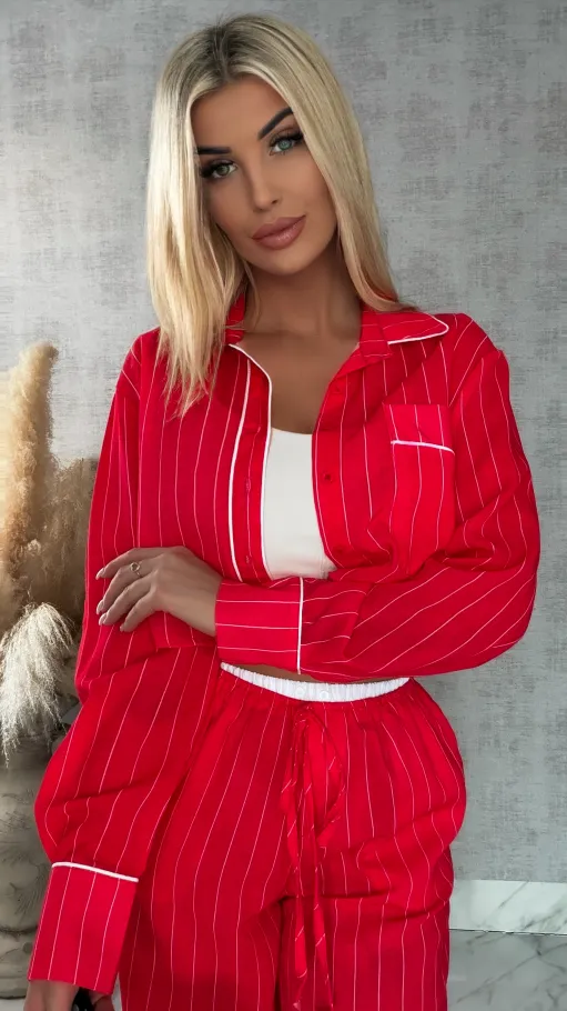Bawełniany komplet LAZY style w paseczki RED - R421