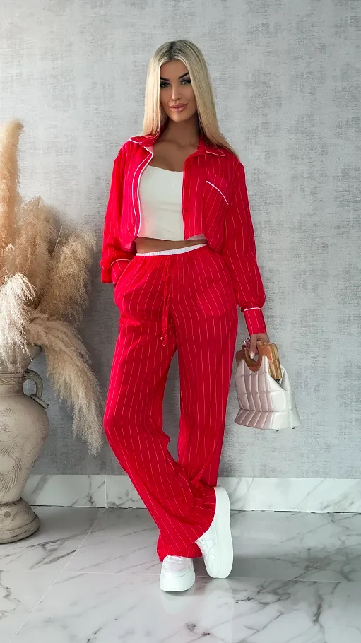 Bawełniany komplet LAZY style w paseczki RED - R421