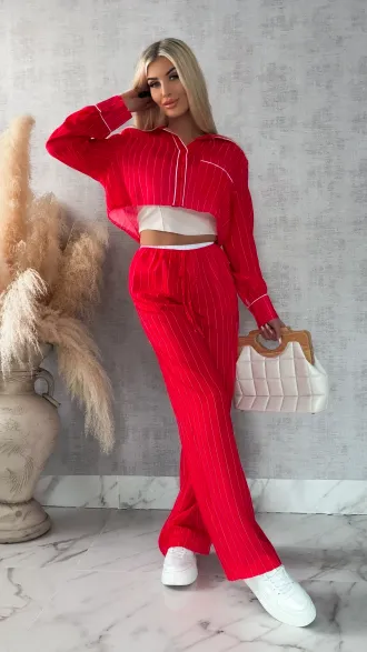 Bawełniany komplet LAZY style w paseczki RED - R421