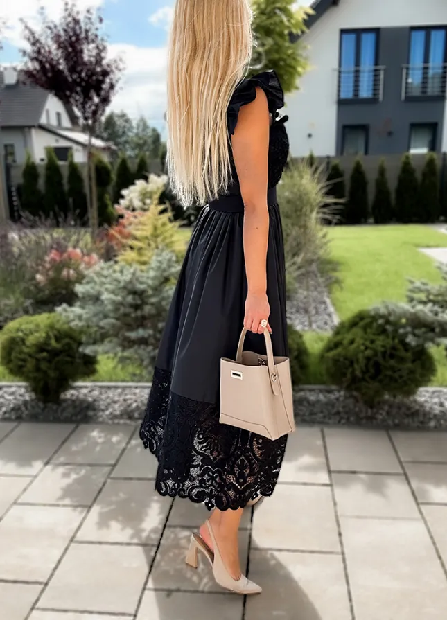 Czarna elegancka MAXI sukienka z koronką - M051C