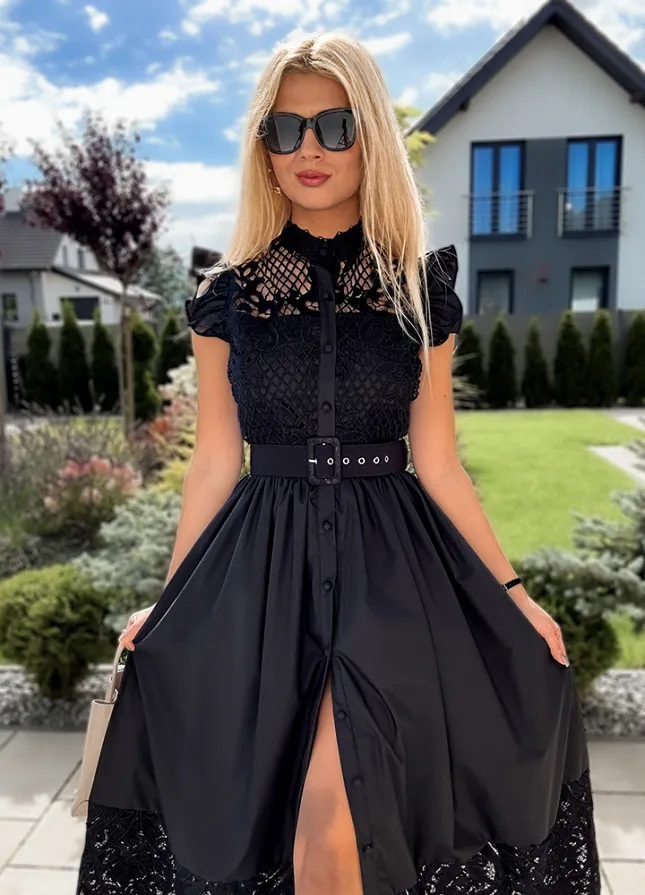 Czarna elegancka MAXI sukienka z koronką - M051C