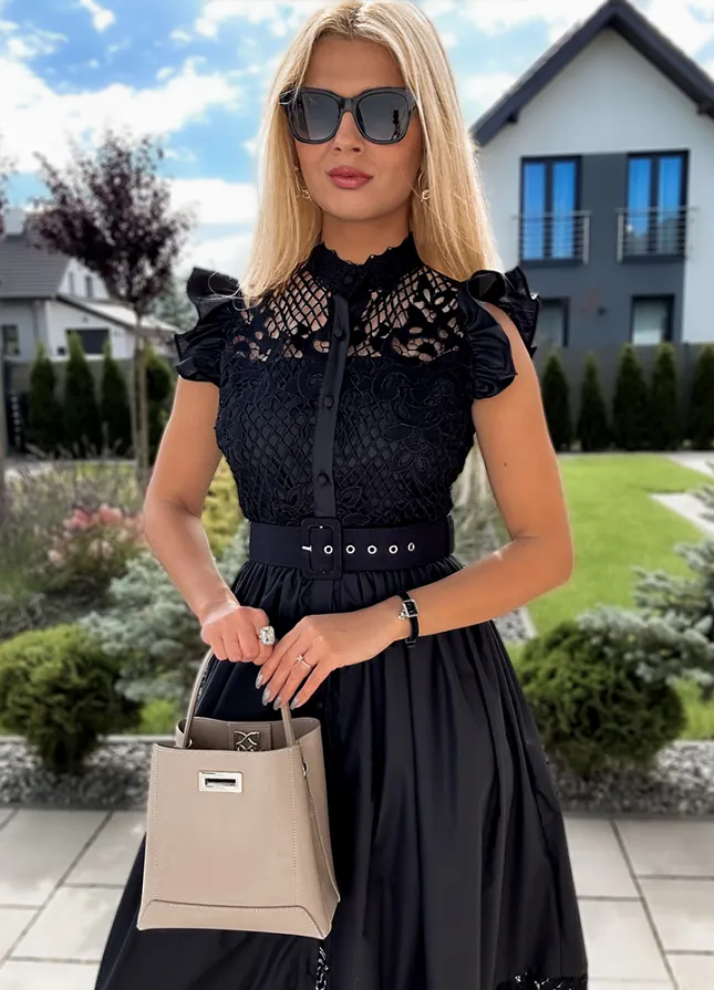 Czarna elegancka MAXI sukienka z koronką - M051C