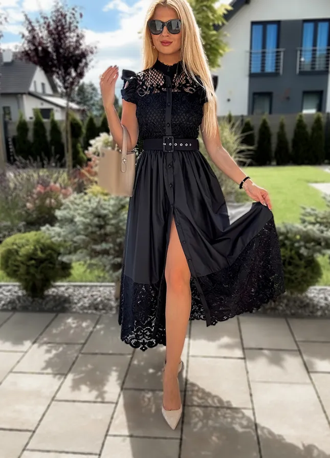 Czarna elegancka MAXI sukienka z koronką - M051C