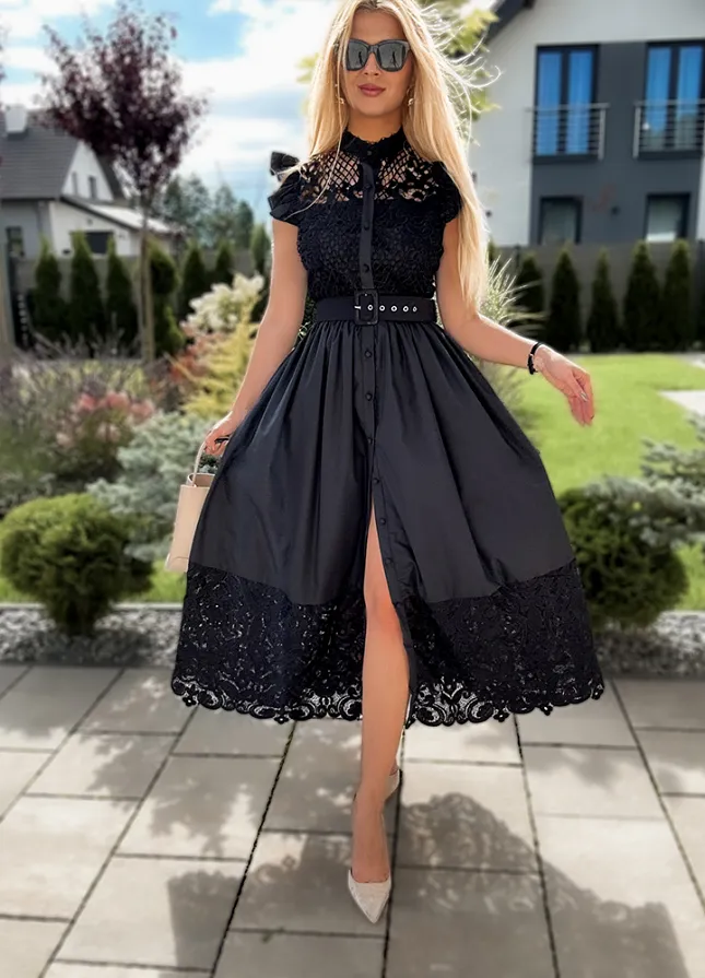 Czarna elegancka MAXI sukienka z koronką - M051C