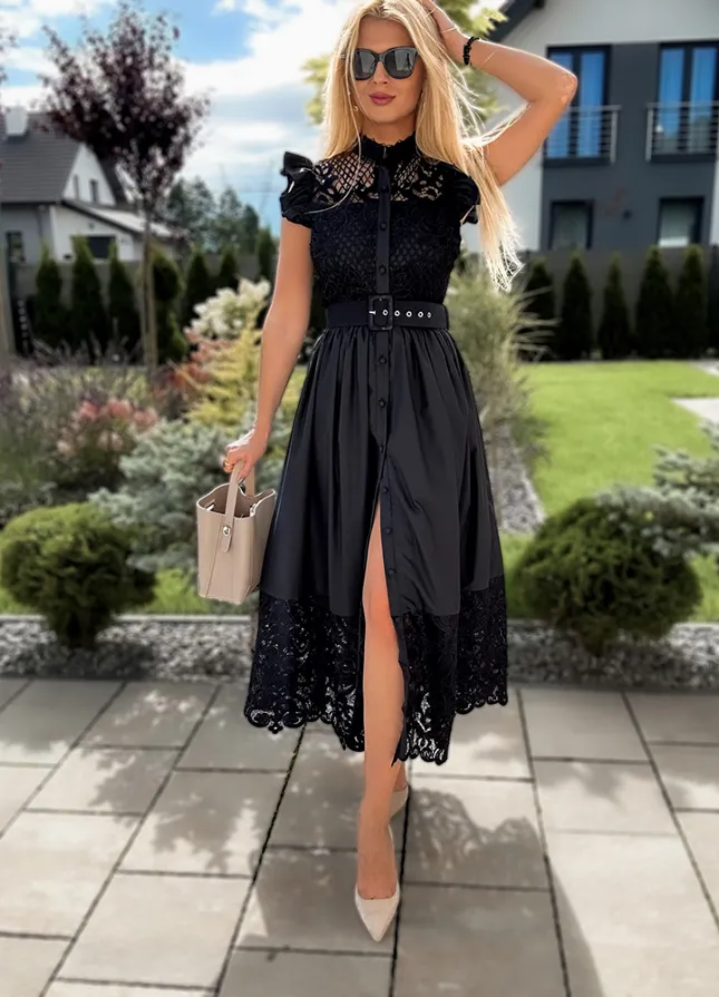 Czarna elegancka MAXI sukienka z koronką - M051C