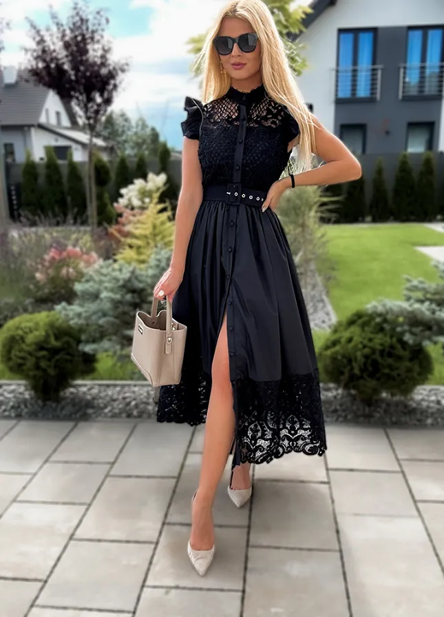 Czarna elegancka MAXI sukienka z koronką - M051C