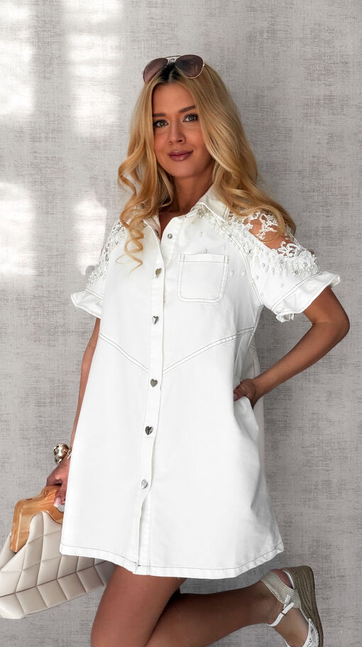 Oryginalna jeansowa sukienka OVERSIZE z ozdobnymi ramionami ONE SIZE biała - S011A