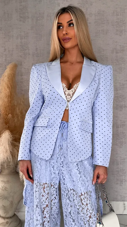 Modowa marynarka w mini groszki z usztywnianymi ramionami BLUE - R505