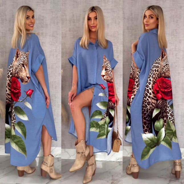 Długa MAXI koszula z panterą OVERSIZE blue - R947