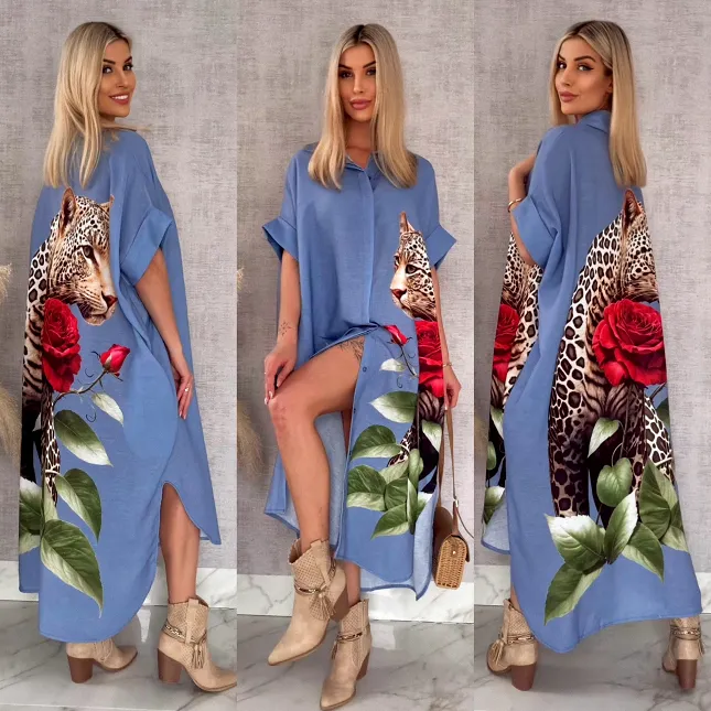 Długa MAXI koszula z panterą OVERSIZE blue - R947