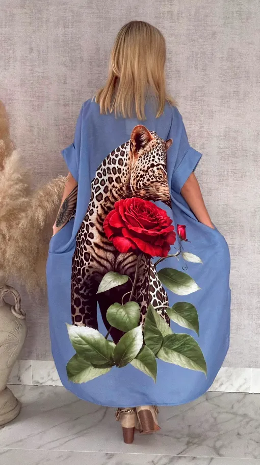 Długa MAXI koszula z panterą OVERSIZE blue - R947