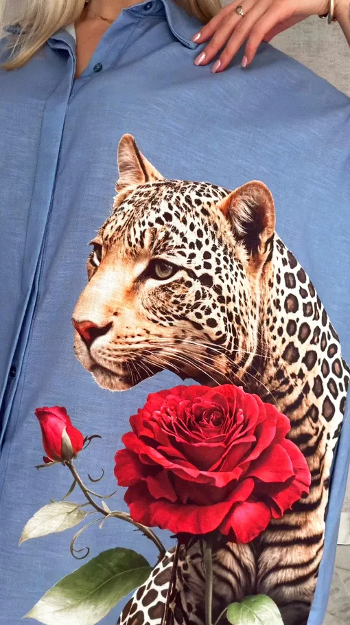 Długa MAXI koszula z panterą OVERSIZE blue - R947