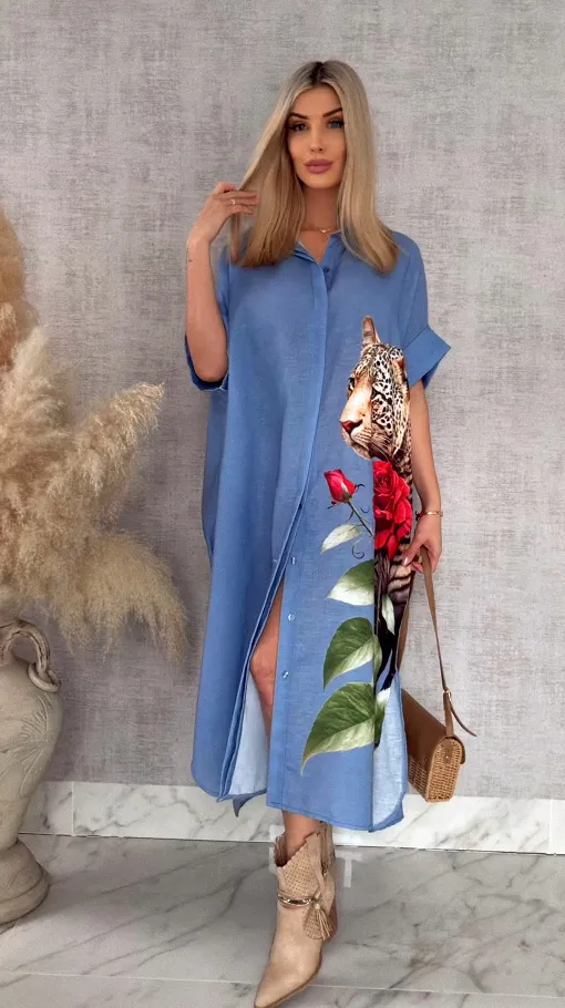 Długa MAXI koszula z panterą OVERSIZE blue - R947