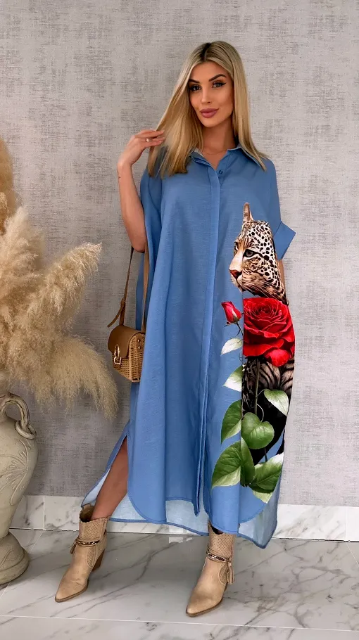 Długa MAXI koszula z panterą OVERSIZE blue - R947