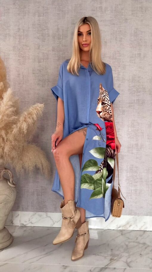 Długa MAXI koszula z panterą OVERSIZE blue - R947