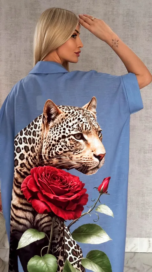 Długa MAXI koszula z panterą OVERSIZE blue - R947