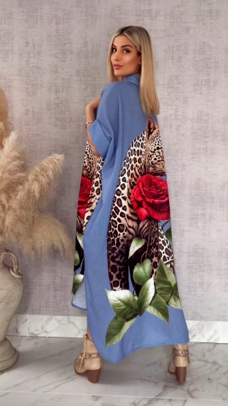 Długa MAXI koszula z panterą OVERSIZE blue - R947