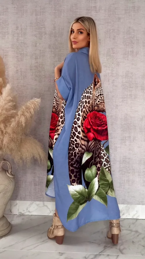 Długa MAXI koszula z panterą OVERSIZE blue - R947