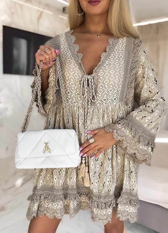 Sukienka OVERSIZE w stylu BOHO bawełniana BEŻOWA - M866A