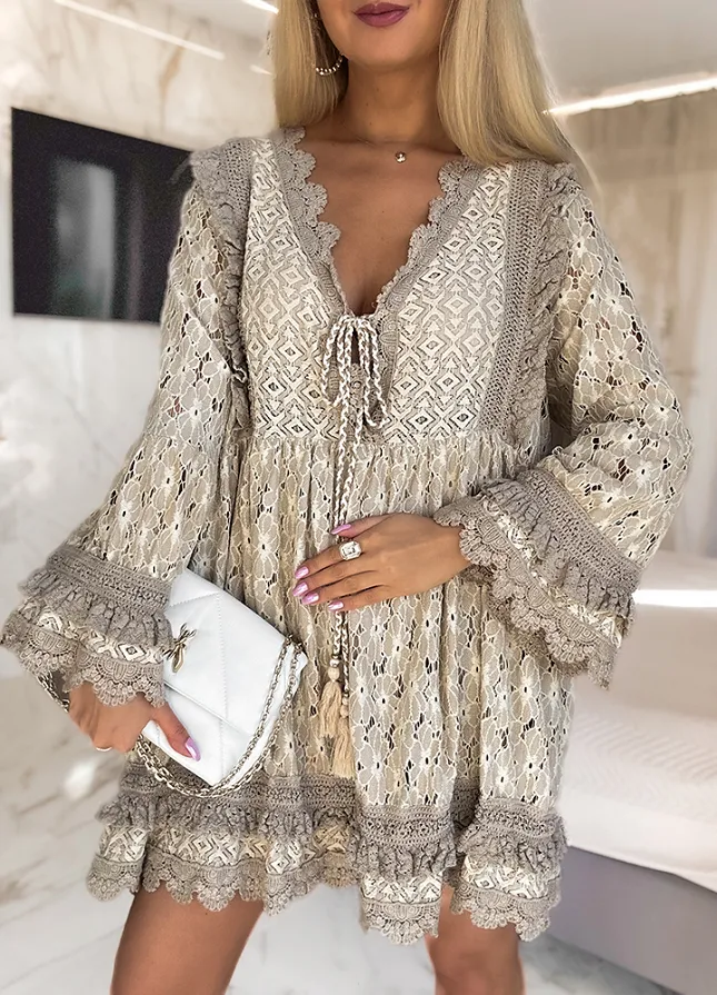 Sukienka OVERSIZE w stylu BOHO bawełniana BEŻOWA - M866A
