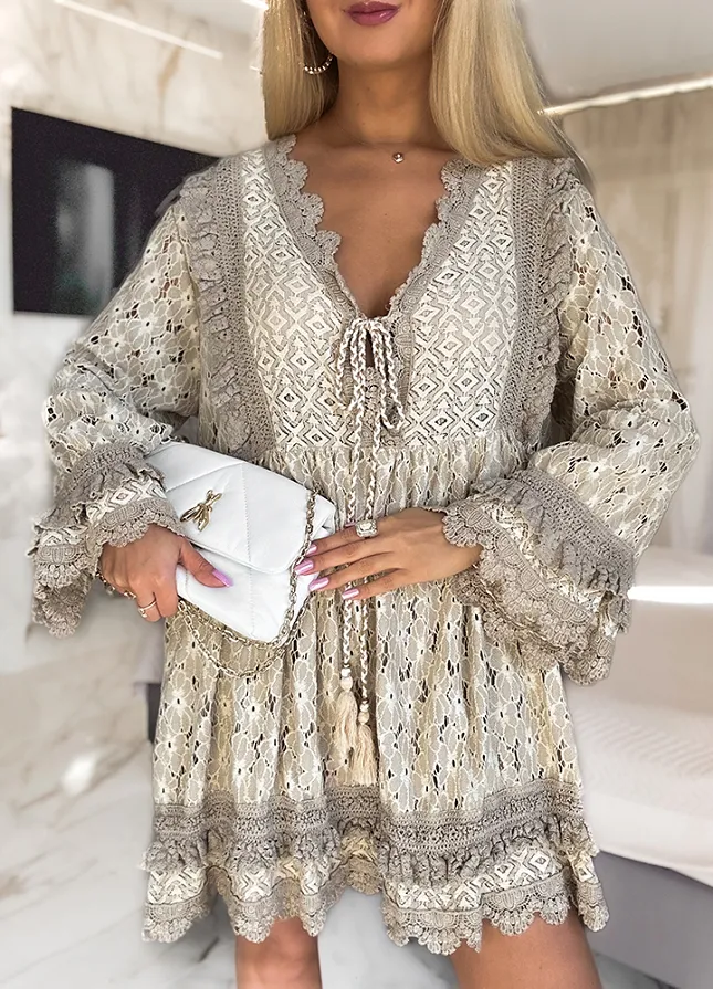 Sukienka OVERSIZE w stylu BOHO bawełniana BEŻOWA - M866A