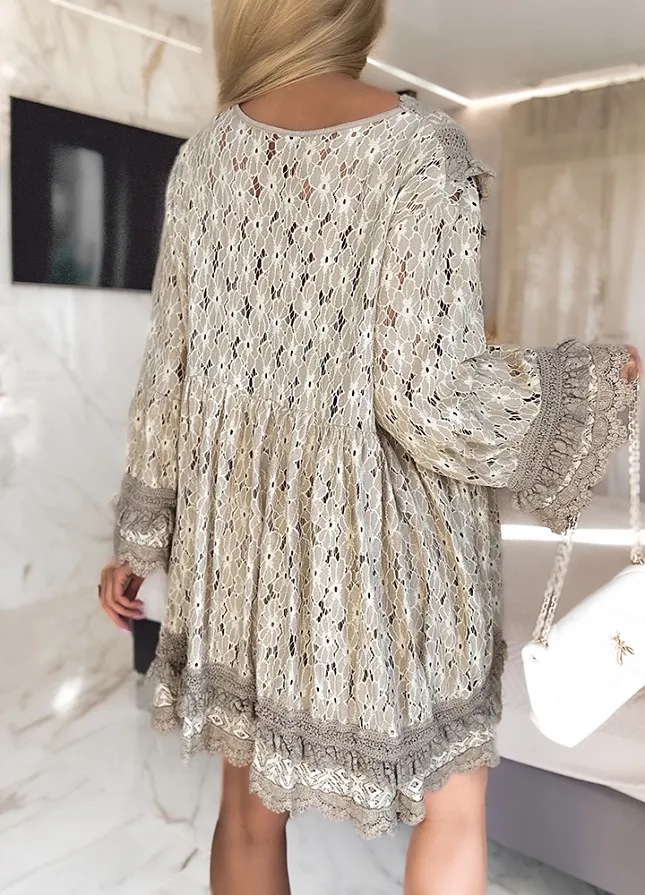 Sukienka OVERSIZE w stylu BOHO bawełniana BEŻOWA - M866A