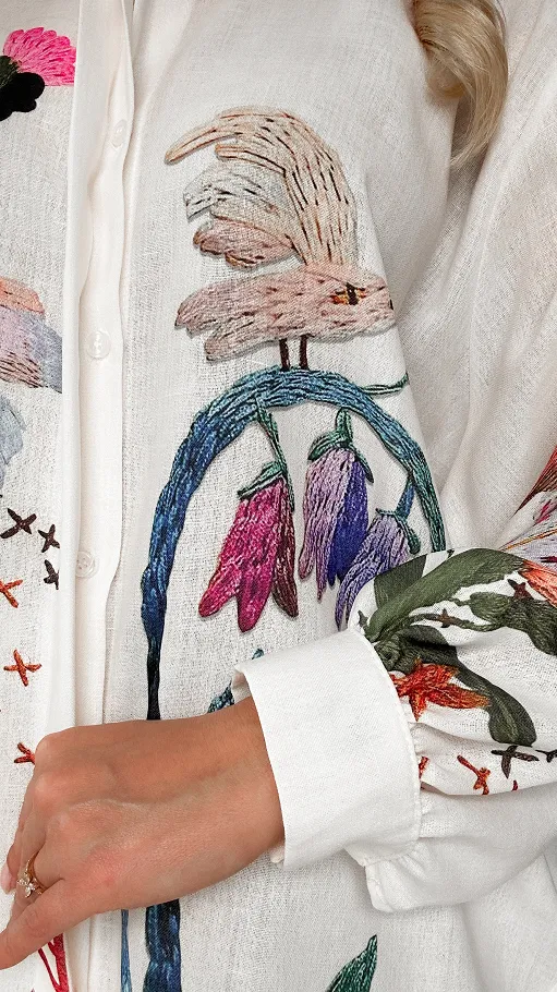 Asymetryczna lniana koszula w polne kwiaty OVERSIZE ecru - P326
