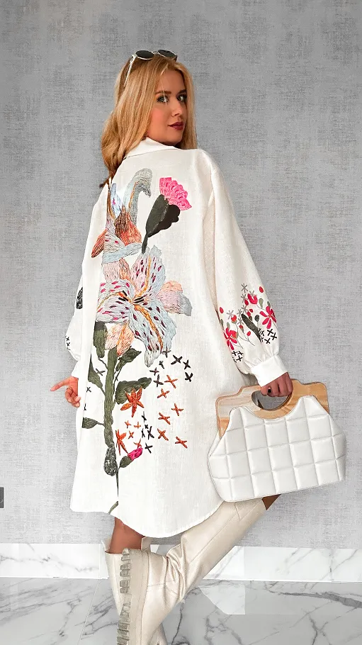 Asymetryczna lniana koszula w polne kwiaty OVERSIZE ecru - P326