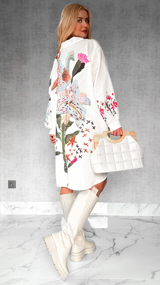 Asymetryczna lniana koszula w polne kwiaty OVERSIZE ecru - P326