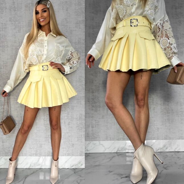 Skórzana spódniczka z plisowaniem + pasek pastelowa ŻÓŁTA - R588A