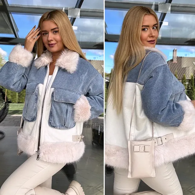 Kurtka jeansowa łączona z kożuszkiem i jasnym futerkiem - N873