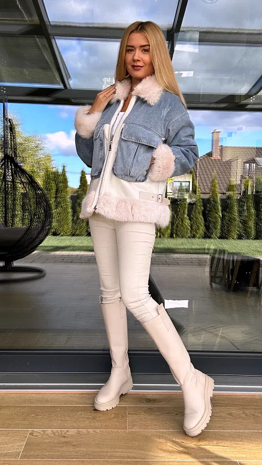 Kurtka jeansowa łączona z kożuszkiem i jasnym futerkiem - N873