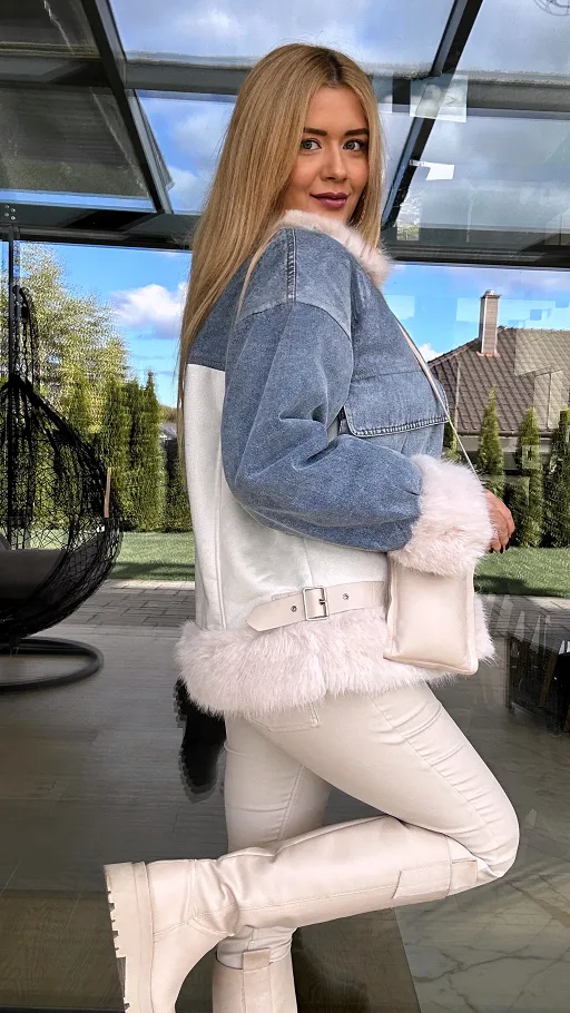 Kurtka jeansowa łączona z kożuszkiem i jasnym futerkiem - N873