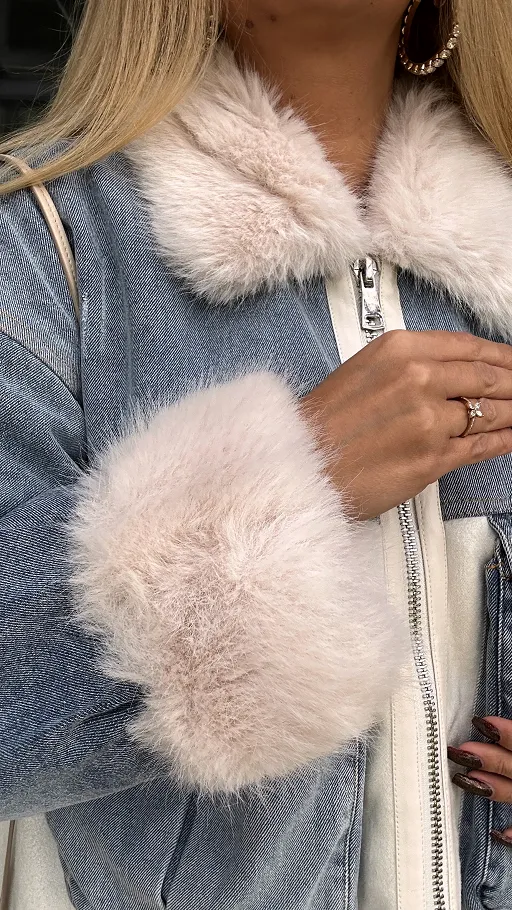 Kurtka jeansowa łączona z kożuszkiem i jasnym futerkiem - N873