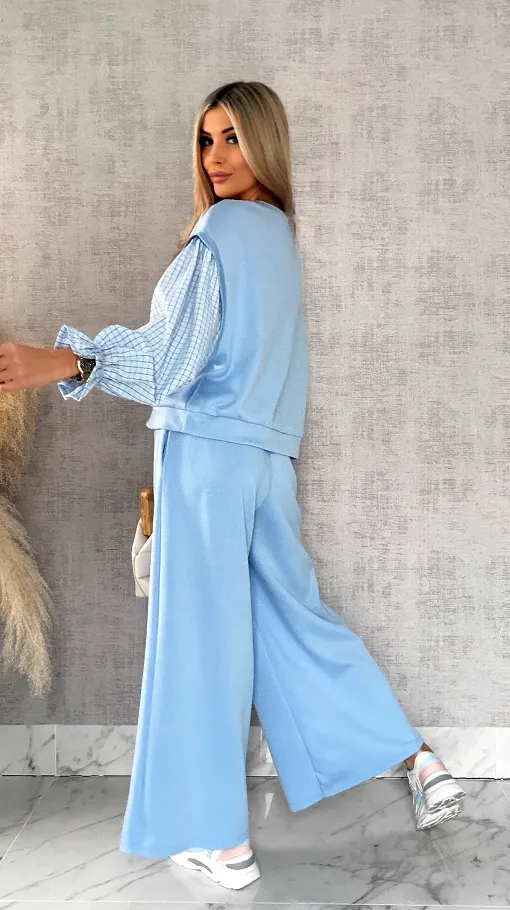 Luźna bluza z rękawami w kratkę i broszką ONE SIZE blue - R426A