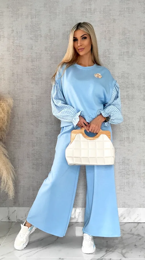 Luźna bluza z rękawami w kratkę i broszką ONE SIZE blue - R426A