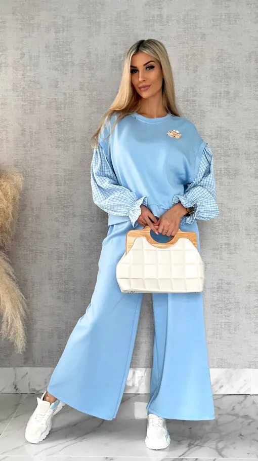 Luźna bluza z rękawami w kratkę i broszką ONE SIZE blue - R426A