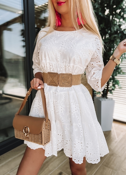 Biała prosta sukienka w stylu BOHO - K347