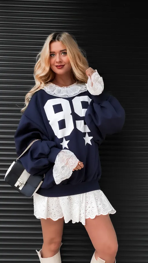 Luźna bawełniana bluza z koronką ONE SIZE granatowa - R380