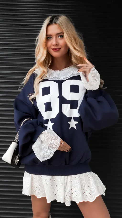 Luźna bawełniana bluza z koronką ONE SIZE granatowa - R380