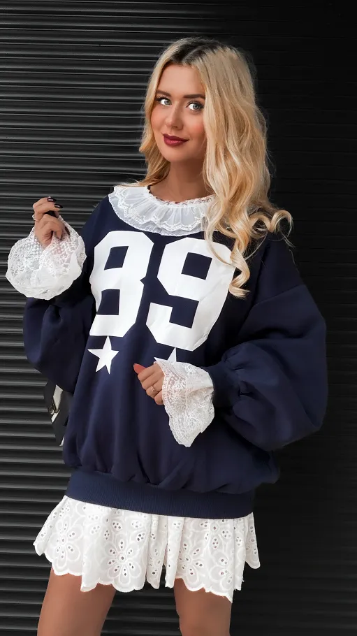 Luźna bawełniana bluza z koronką ONE SIZE granatowa - R380