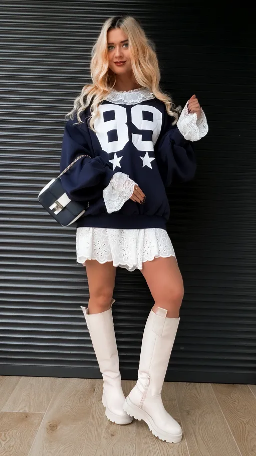 Luźna bawełniana bluza z koronką ONE SIZE granatowa - R380