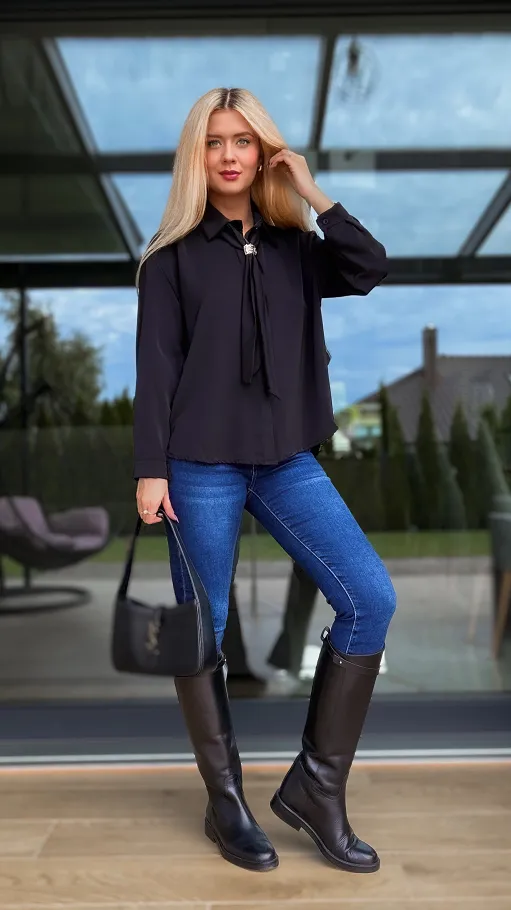 Czarna elegancka koszula z krawatką ONE SIZE - R102