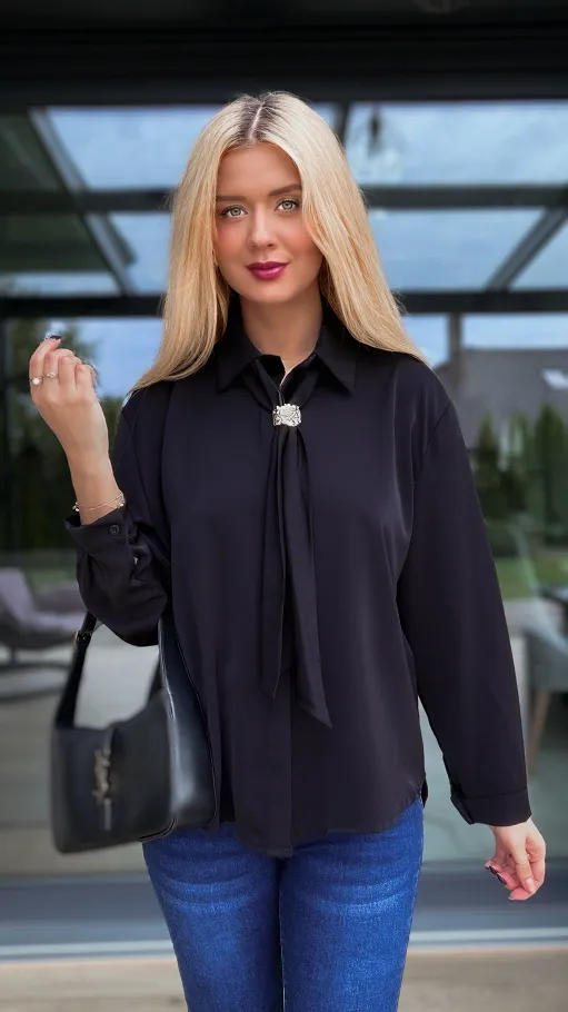 Czarna elegancka koszula z krawatką ONE SIZE - R102