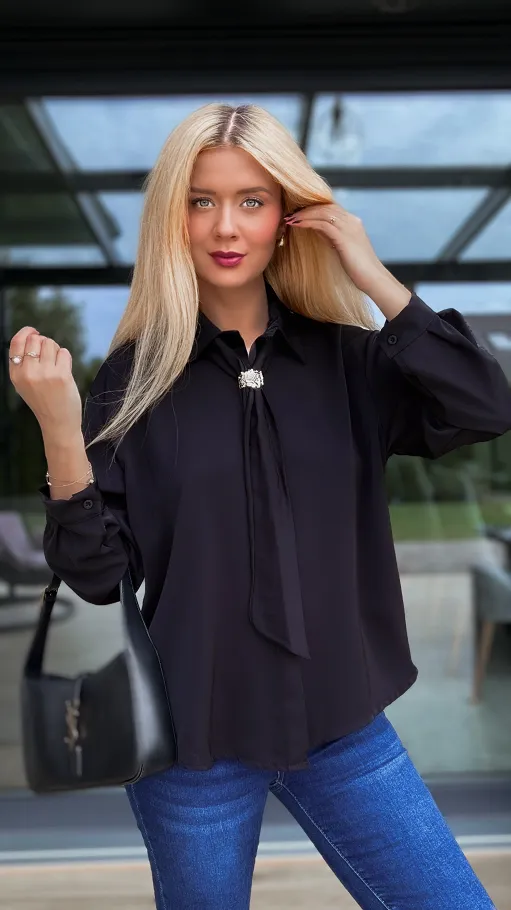Czarna elegancka koszula z krawatką ONE SIZE - R102