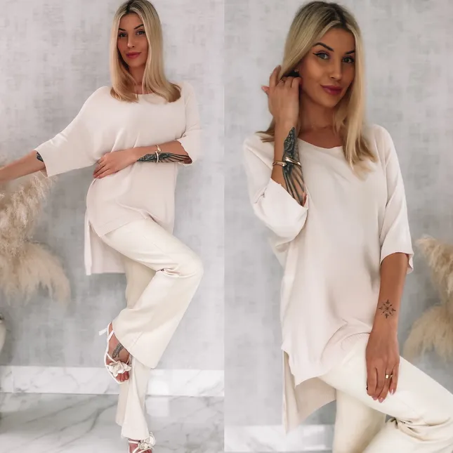 Asymetryczna gładka bluzka z wiskozy w klasycznym beżu ONE SIZE - R939