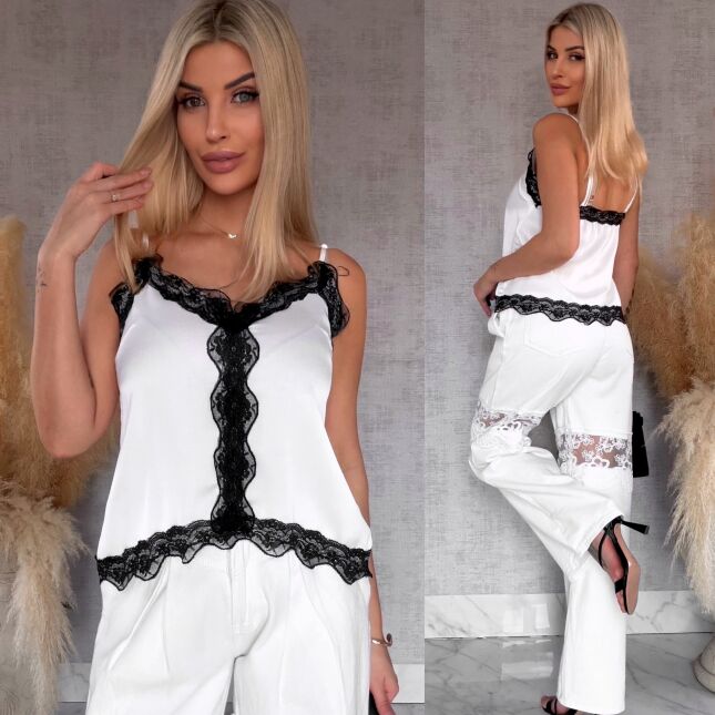 Elegancka biała bluzka na ramiączkach z czarną koronką - R757