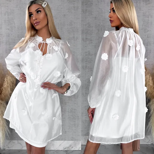 Bawełniana sukienka zdobiona różami ONE SIZE white - R510